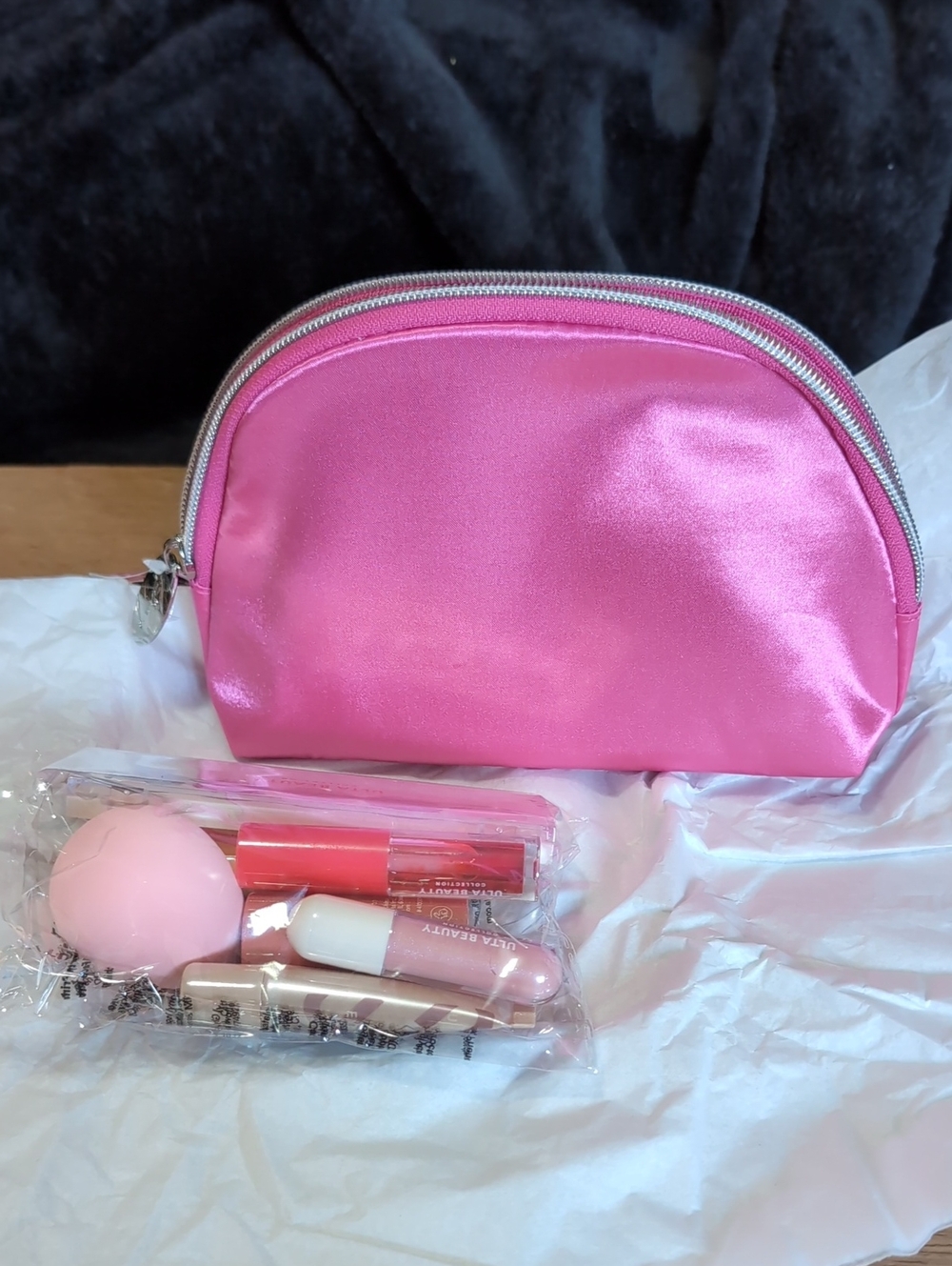 Ulta Beauty Pink Satin Makeup Pouch with Pink Cosmetic Tools